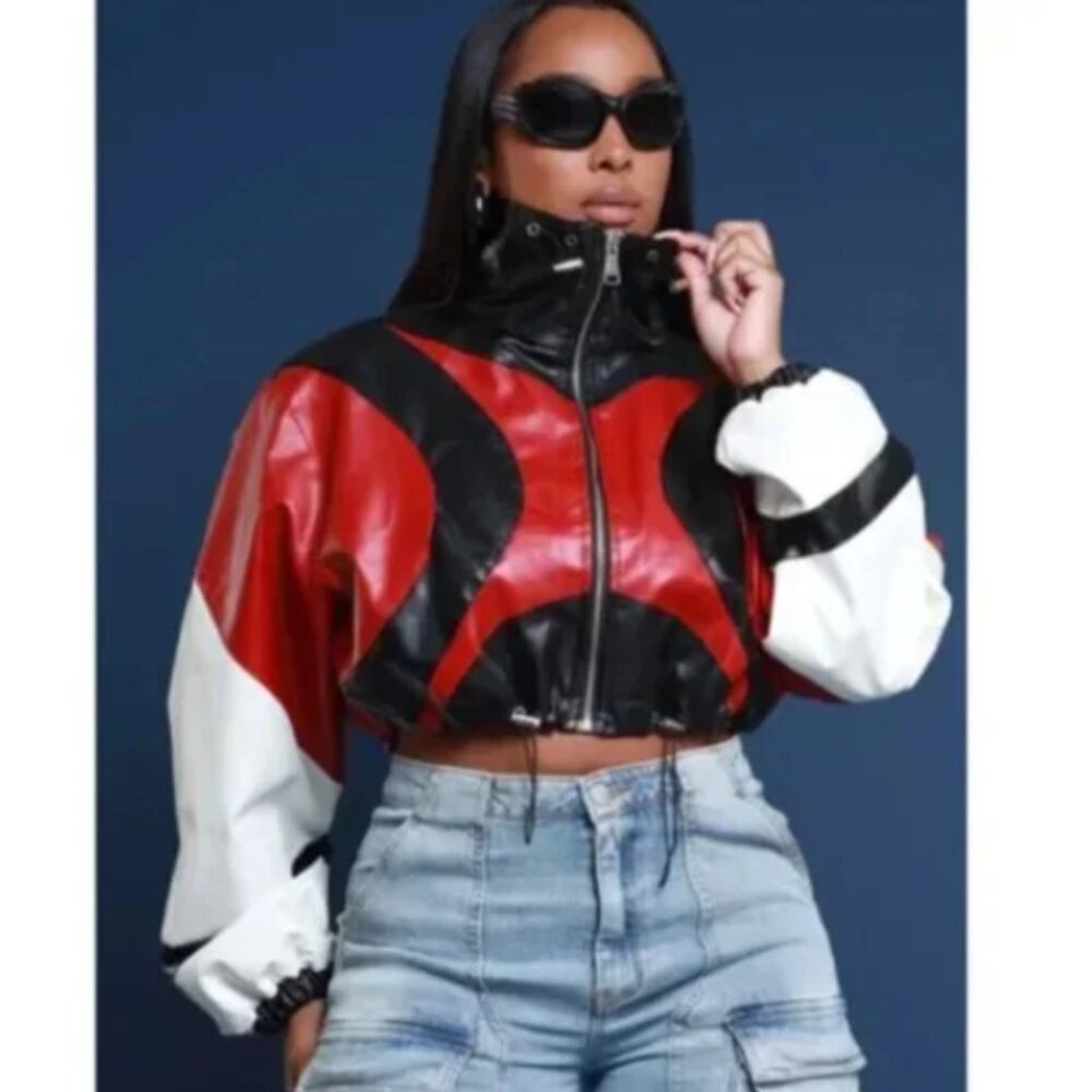 Swank A Posh Road Warrior Contrast Faux Leather Jacket - Black/Red Size S/M NWT
